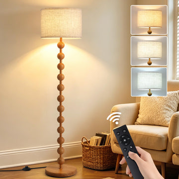 62" Farmhouse Floor Lamp with Remote, Dimmable Standing Lamp, Natural Wood