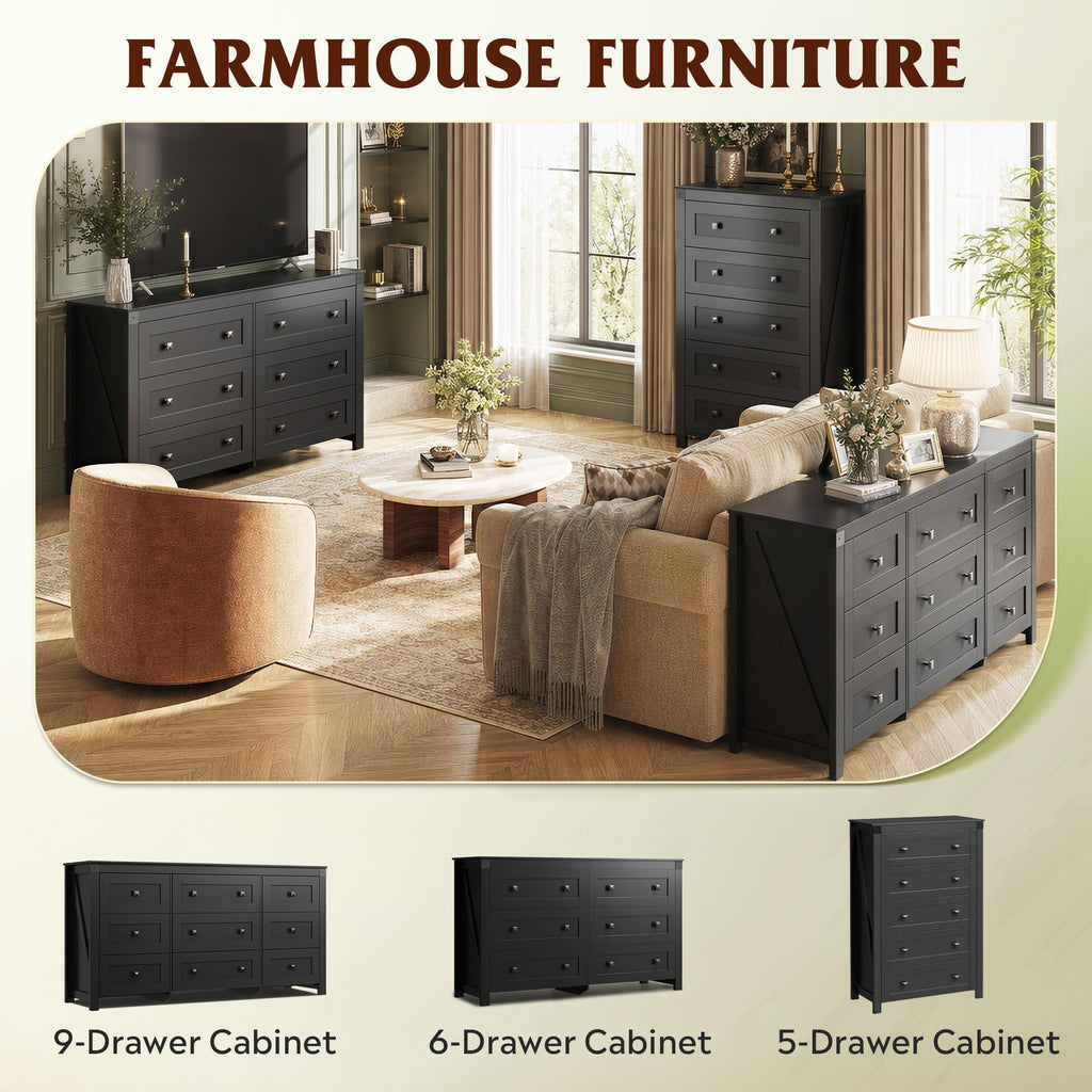 9-Drawer 62.2"W Farmhouse TV Stand for TVs up to 70 Inches, Black