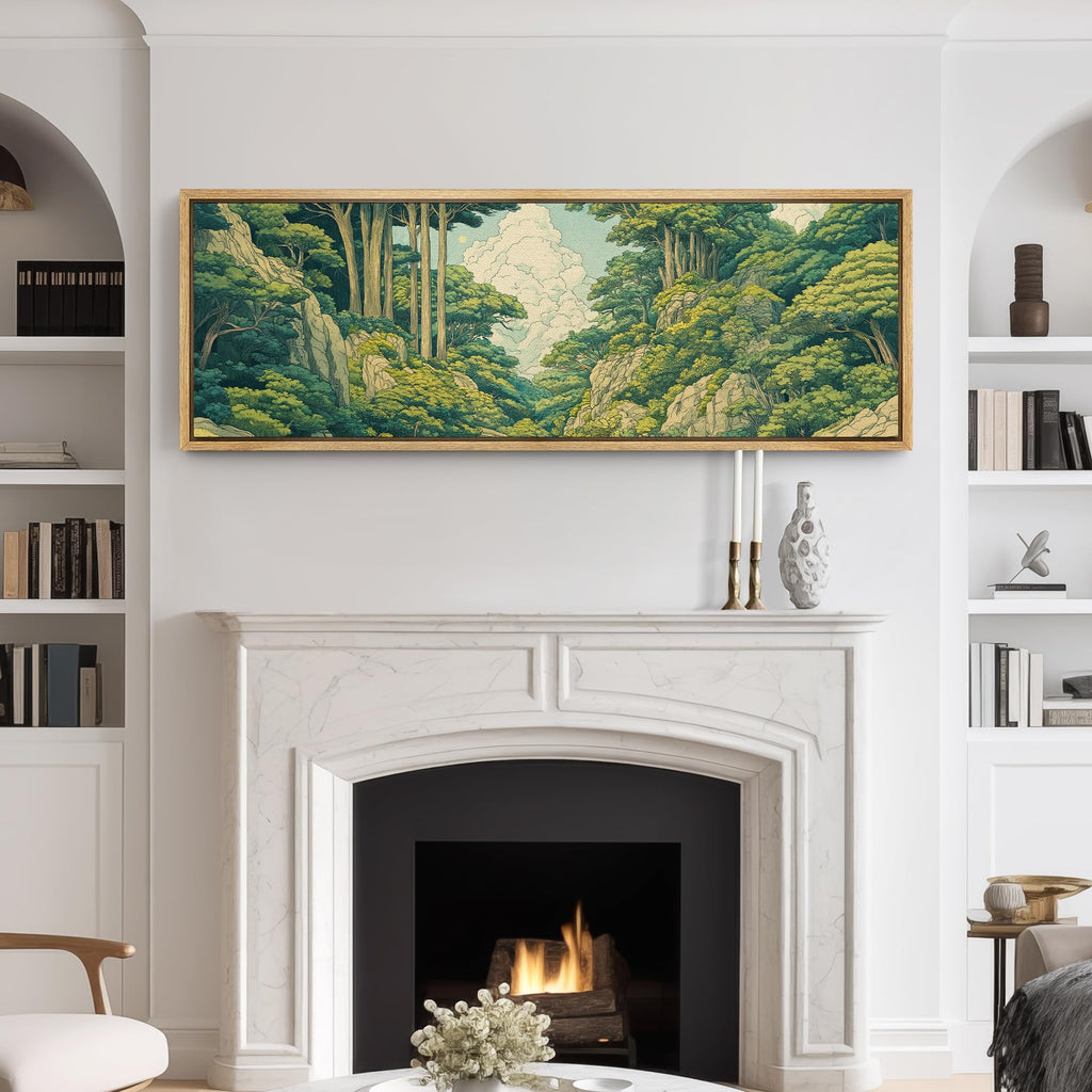 Large Framed Canvas Print Wall Art Japanese Ukiyo-E Style Forest Landscape Green Illustrations Modern Art Relax/Calm