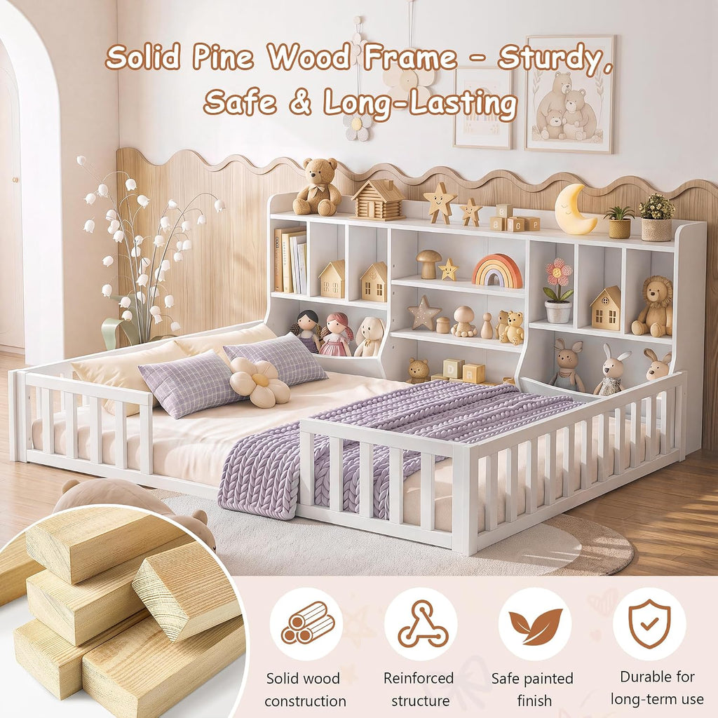 Floor Bed for Kids, Wooden Montessori Bed Frame with Bookcase, Storage Shelves & Safety Fence Rails, Floor Beds