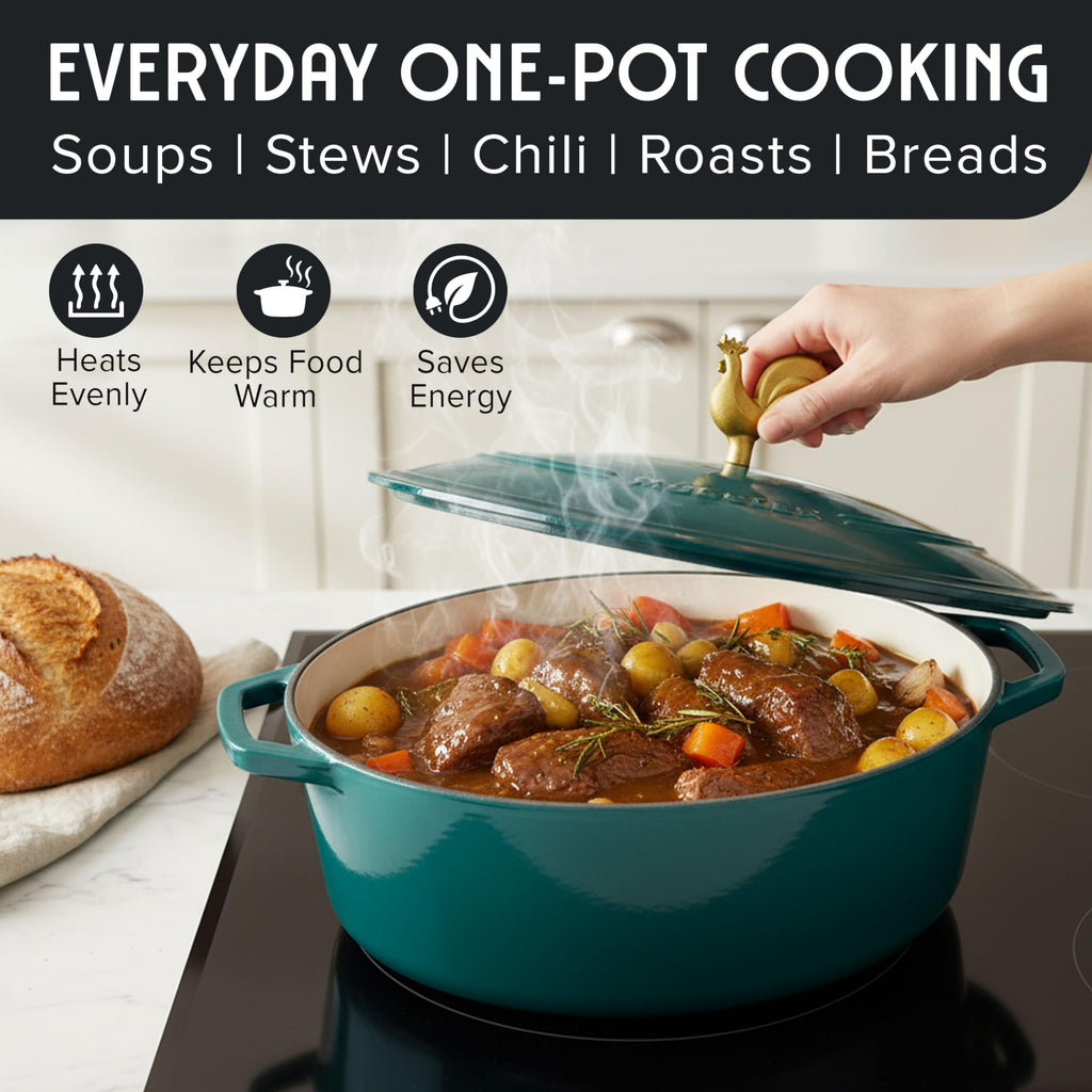 5.5 Quart Enameled Cast Iron Oval Dutch Oven with Rooster Knob and Cotton Potholders, Heavy-Duty Cookware