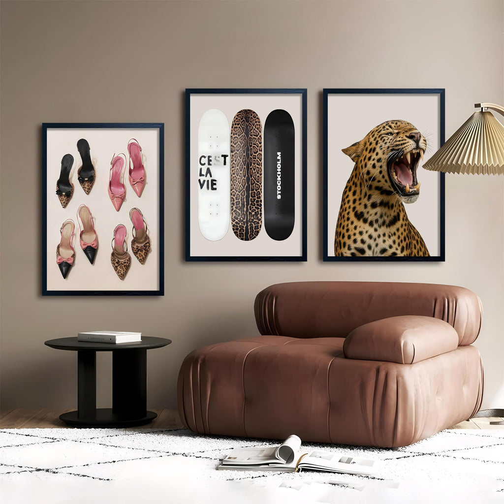 Stockholm Style Set of 3 Wall Art Set Leopard Print & Preppy Fashion Art with Heels, Skateboards & Roaring Leopard