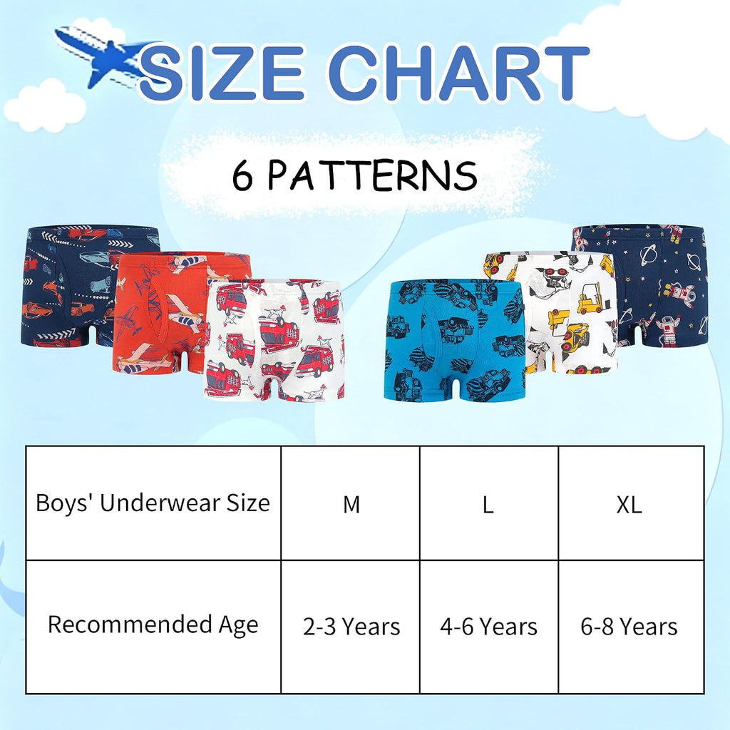Boys 100% Cotton Boxer Briefs, 6 Pack Toddlers Kids Underwear