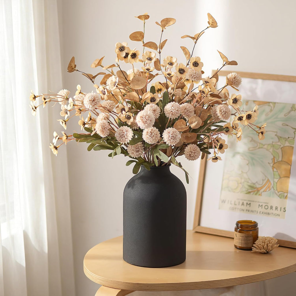 Beige Faux Flowers in Vase for Dining Table Centerpiece Decor | With Metal Vase 12 Stems of Fake Mums, Wax