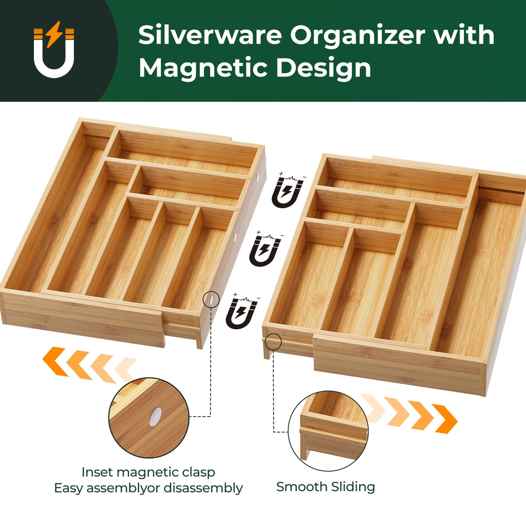Large Silverware Organizer, 13 Slots Magnetic Connected Expandable Bamboo Utensil Drawer Organizer From 21 to 37.4