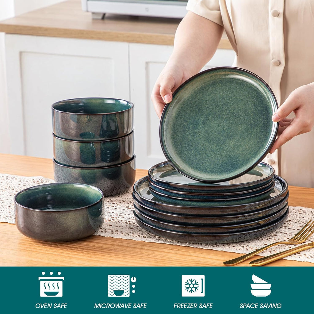 Starry 12 Pieces Dinnerware Sets for 4, Green Reactive Glaze Dishes Sets, Ceramic Plates and Bowls Set