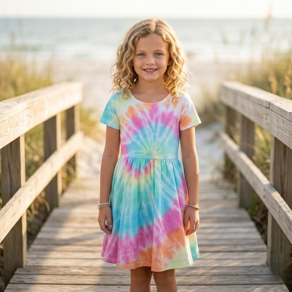 Girls Twirl Dress Girls Short Sleeve Twirly Skater Dress Tie Dye