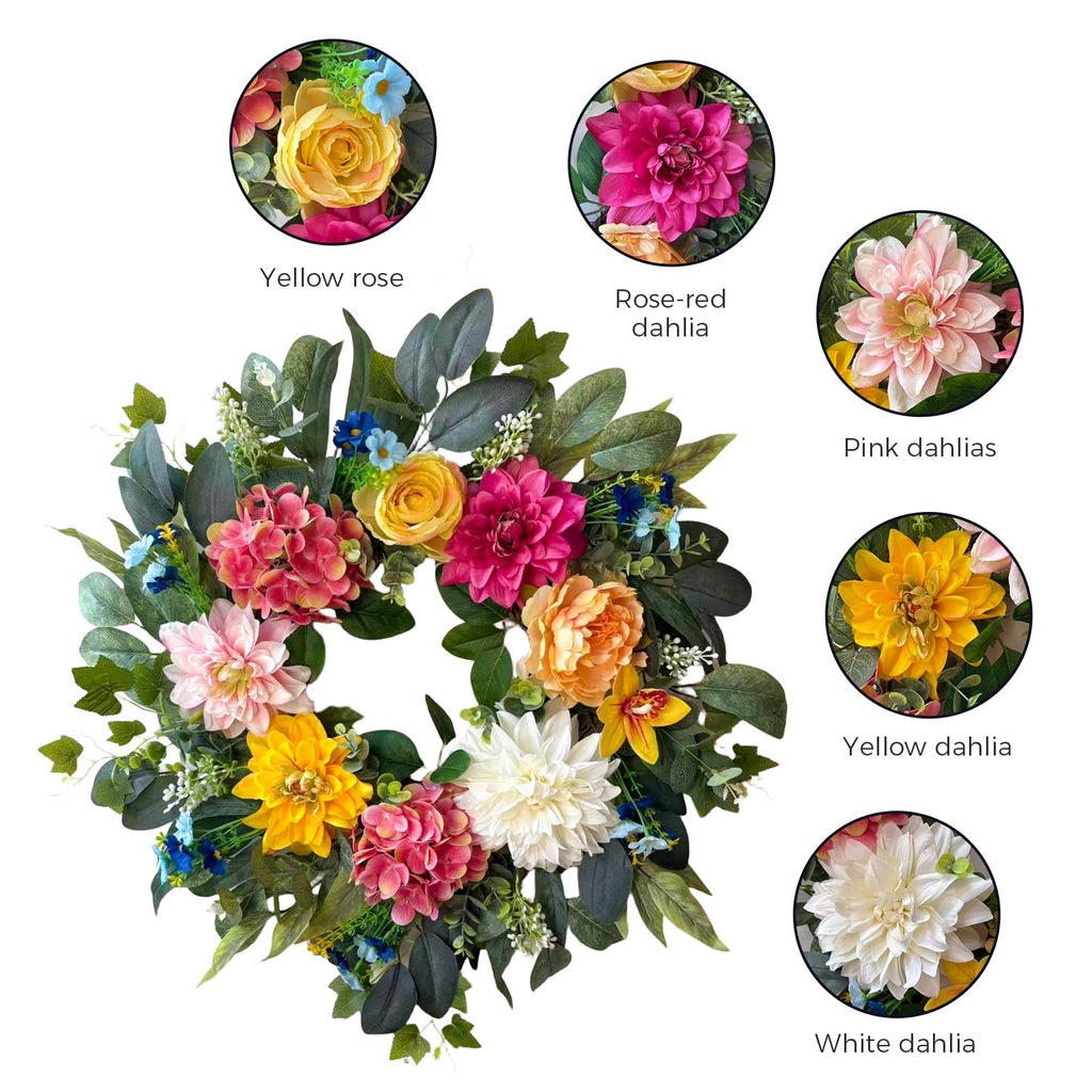 24 Inch Spring Wreaths for Front Door, Spring Wreaths, Spring Summer Door Wreaths with Yellow and Pink Dahlia Hydrangea