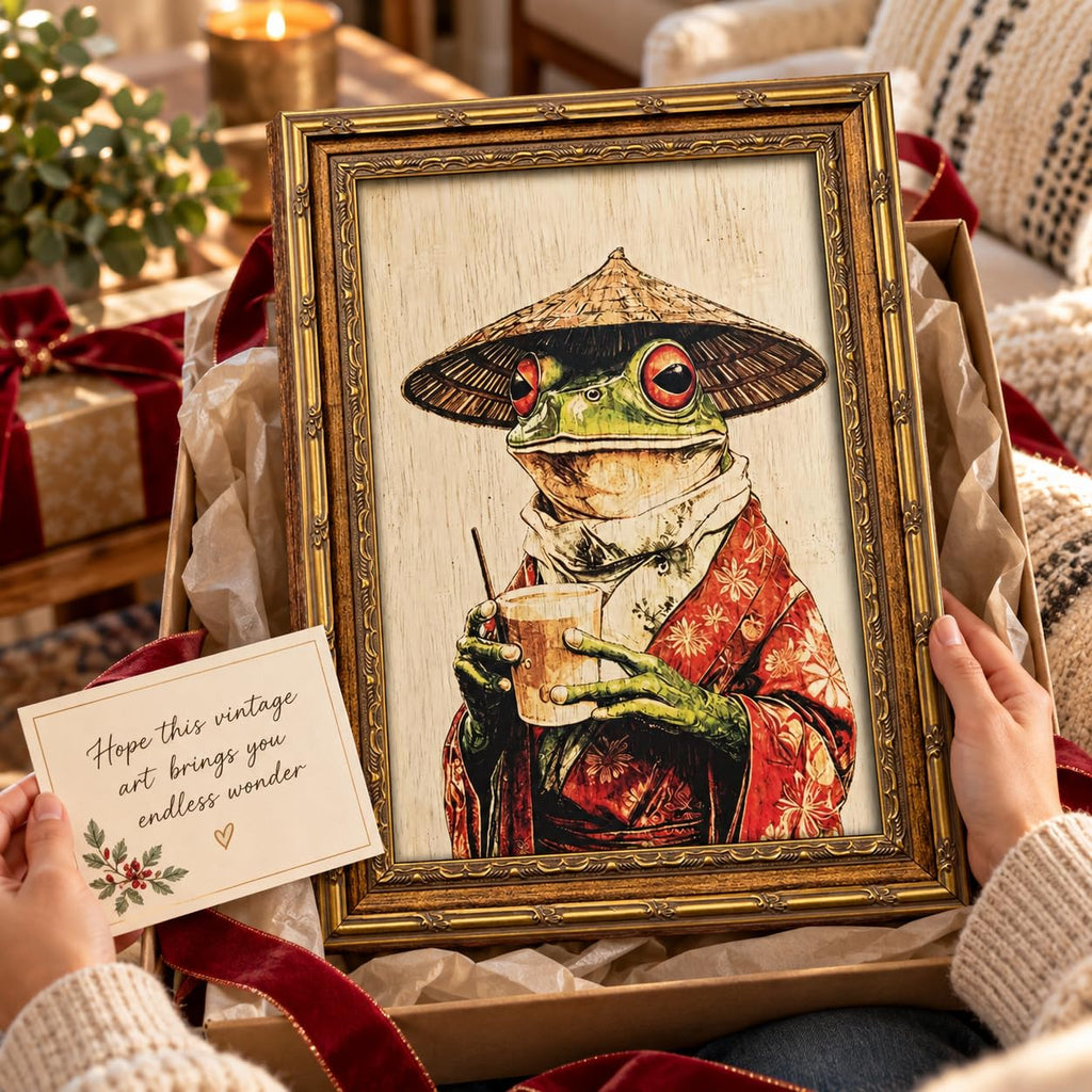 Vintage Gold Framed Funny Japanese‐Style Ukiyo‐e Frog Canvas Wall Art