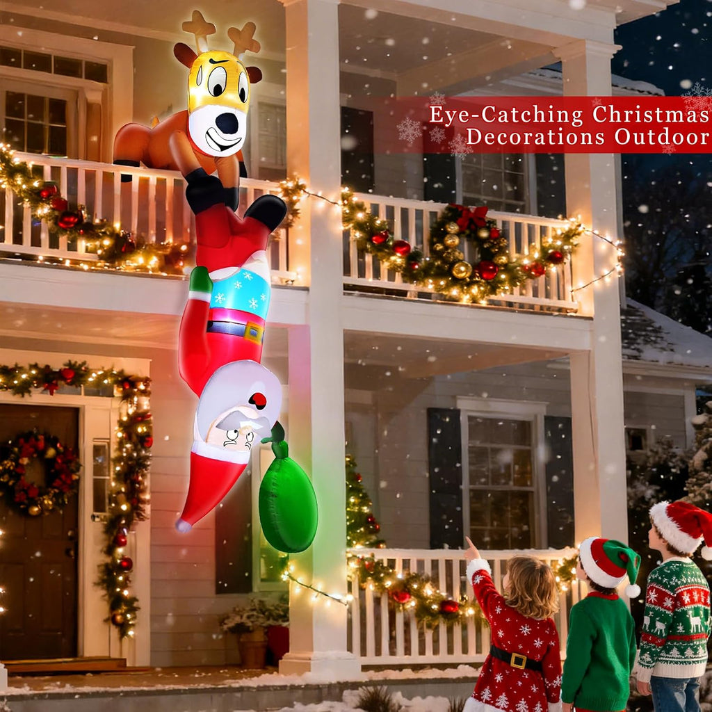 8 Ft Christmas Inflatable Reindeer & Climbing Santa Claus, Funny Hanging Outdoor Decoration with Built-in LED Light