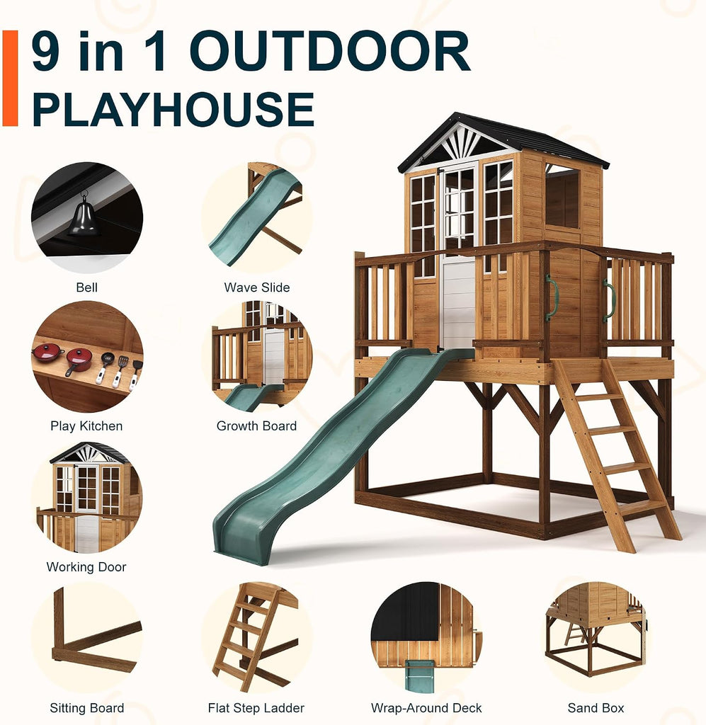 9-in-1 Outdoor Playhouse with Slide & Sandbox - Natural Fir Playset for Kids Ages 3-10, Includes Play Kitchen, Growth
