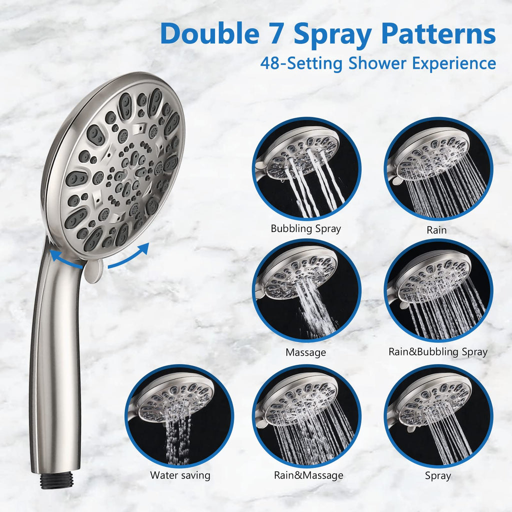 High Pressure 48-Settings Shower Head with Handheld Shower,Drill-Free 3-Way Diverter for Easy Reach,Adjustable Height