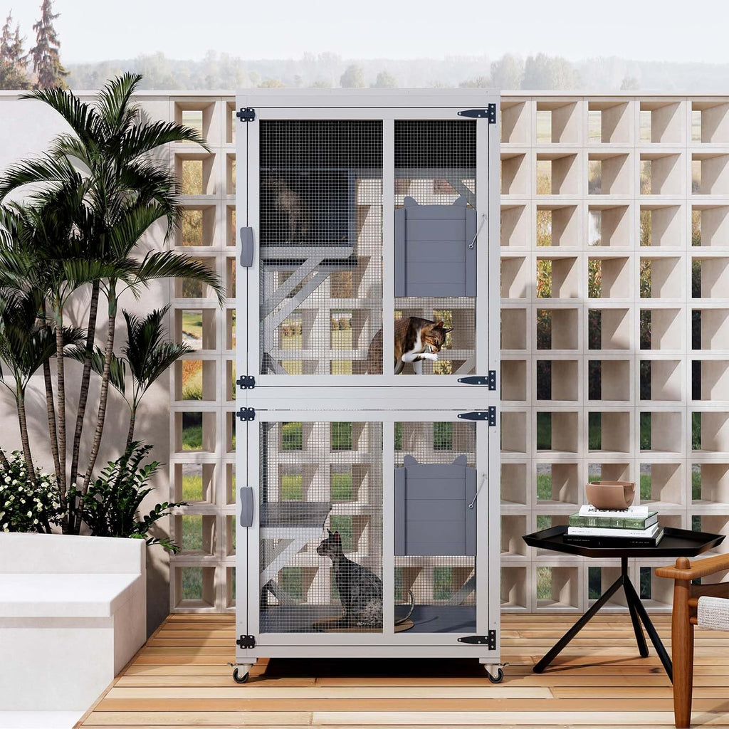 74 Inch Catio Outdoor Cat Enclosure, Tall Indoor Catio with Wheels & Platforms for Cats, Wooden Cat Cage Outdoor &