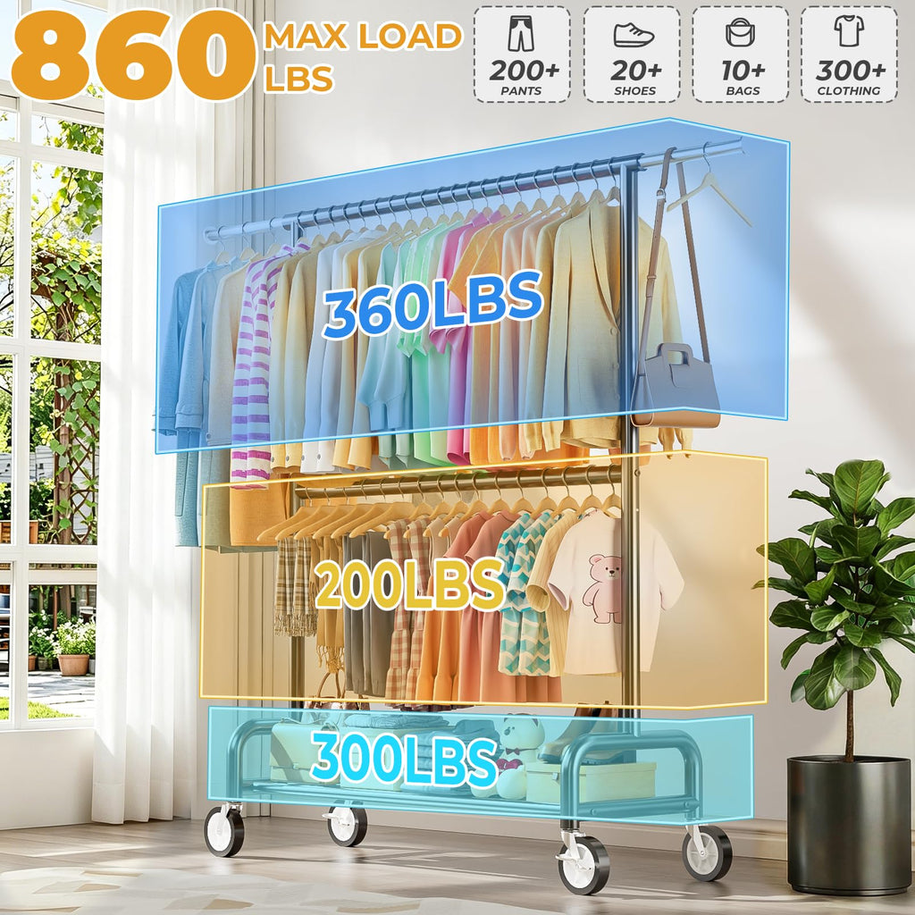 Heavy Duty Clothes Rack Load 860LBS, Double Rods Rolling Clothing Racks for Hanging Clothes, Rolling Garment Rack