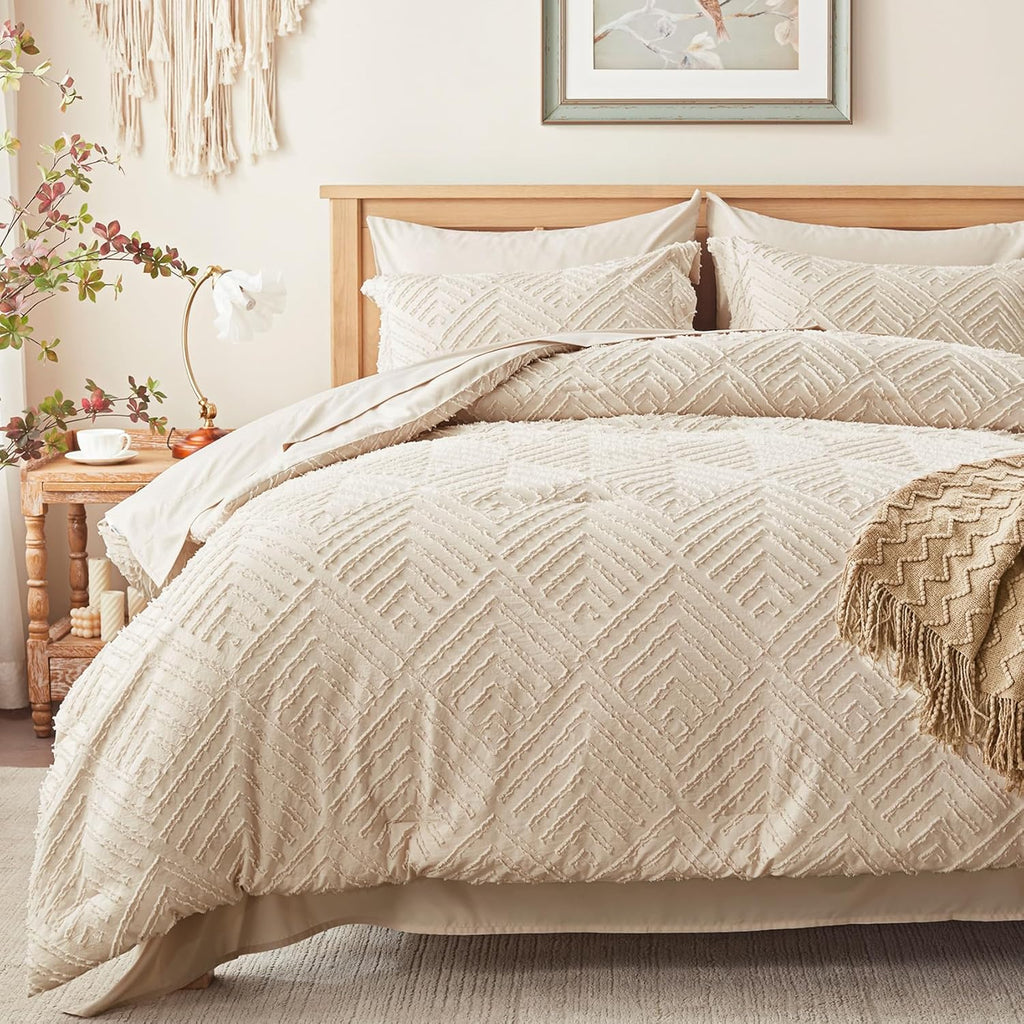King Comforter Set 7 Pieces, Beige Tufted Bed in a Bag with Comforter and Sheets