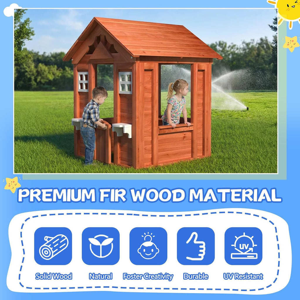 Wooden Kids Playhouse, Solid Firwood Outdoor Playhouse with 2 Windows, Flowerpot Holder & Snack Window for Backyard