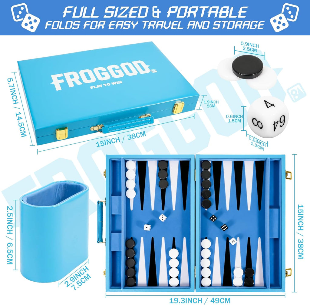 Light Blue 15 Inch Backgammon Sets for Adults, Classic Board Game - Set of 39