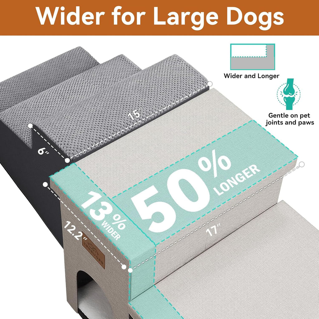Dog Stairs with Storage, Beige 3 Steps Dog Ramp with Condo for Bed