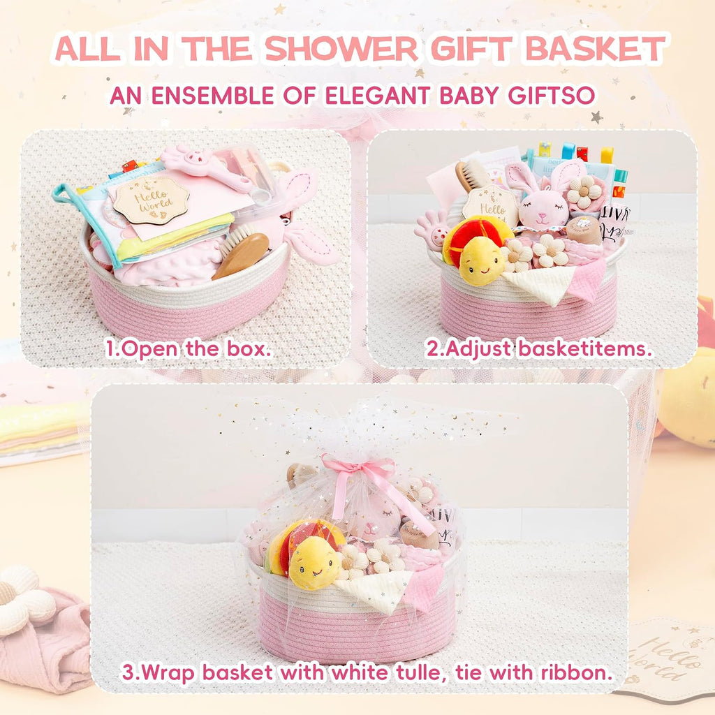 Baby Shower Gifts for Girls, 24 Piece Deluxe Baby Shower Gift Basket - Baby Girl Gift Basket with Swaddle, Rattle