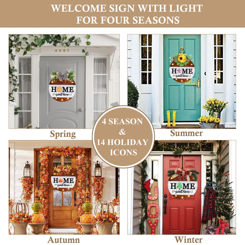Interchangeable Welcome Sign for Front Door with 4 Seasonal Wreaths, Door Wreaths for Front Door with 12 LED Lights