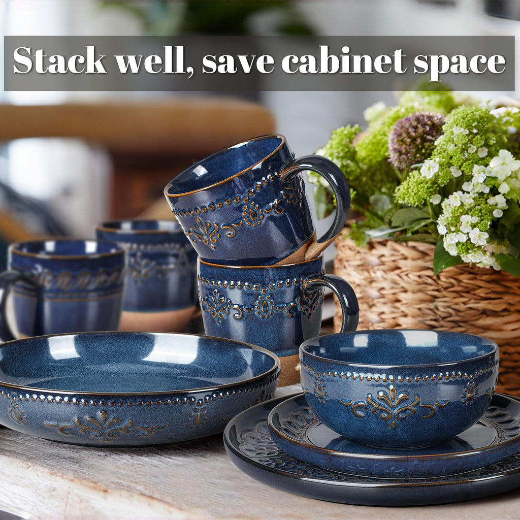 24-Piece Handcrafted Ceramic Dinnerware Set with Mugs, Service for 6 - Reactive Glaze Embossed Plates, Bowls & Mugs