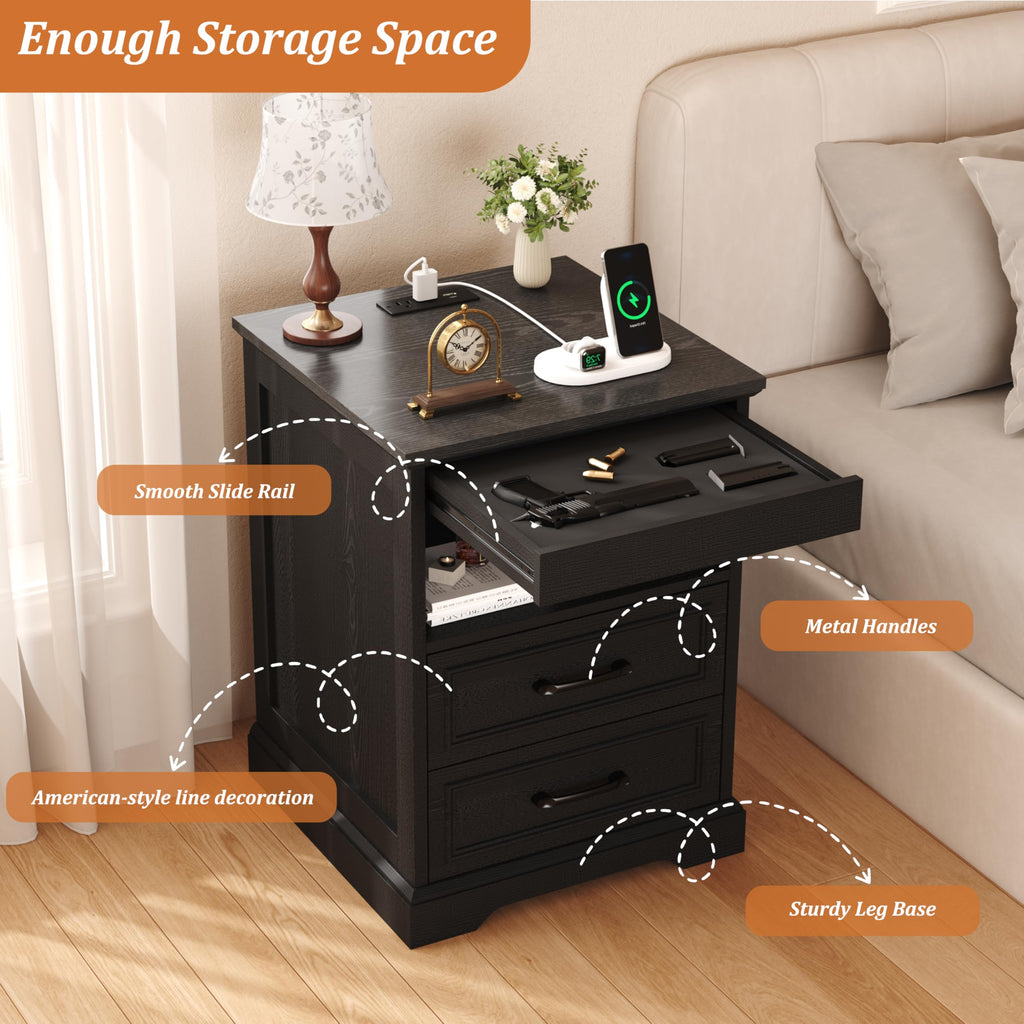 Farmhouse Night Stand with Gun Drawer & Invisible Lock, 25" Tall Bedside Table with Charging Station, End Table with
