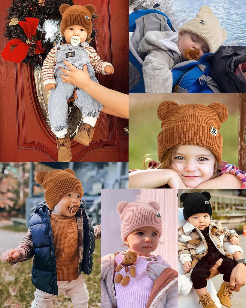 Baby Beanie with Bear Ear Warm Knit Winter Hat for Infant Toddlers