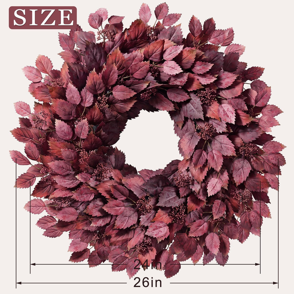 26" Artificial Hibiscus Leaves Fall Wreath for Front Door Decor(Autumn Red)