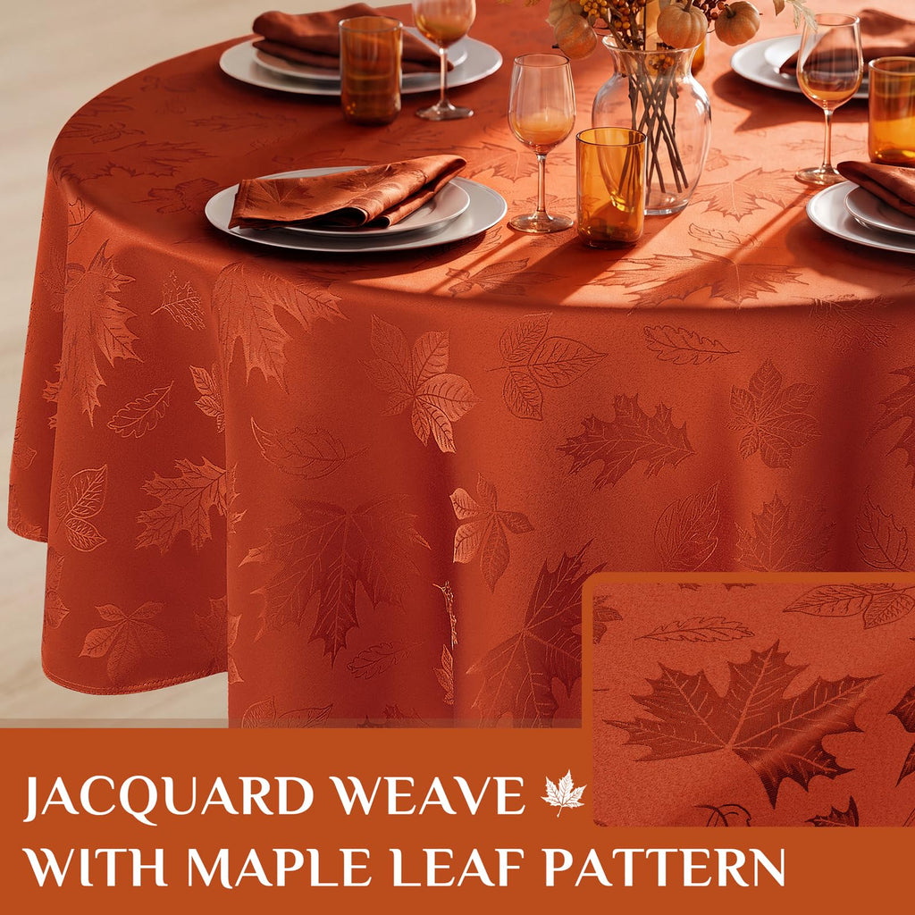 Fall Jacquard Round Tablecloth, 70 Inch Burnt Orange
