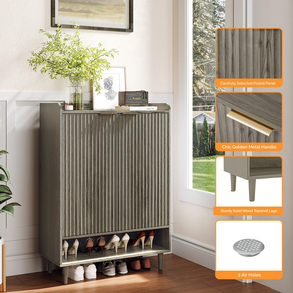 Shoe Cabinet with Fluted Doors, 6 Tier Large Wooden Entryway Shoe Storage Cabinet with Adjustable Shelves, 44.5" Tall