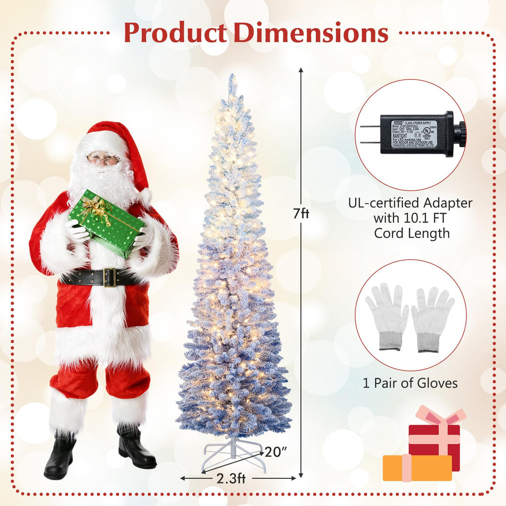 7FT Pre-Lit Pencil Christmas Tree, Snow Flocked Xmas Tree