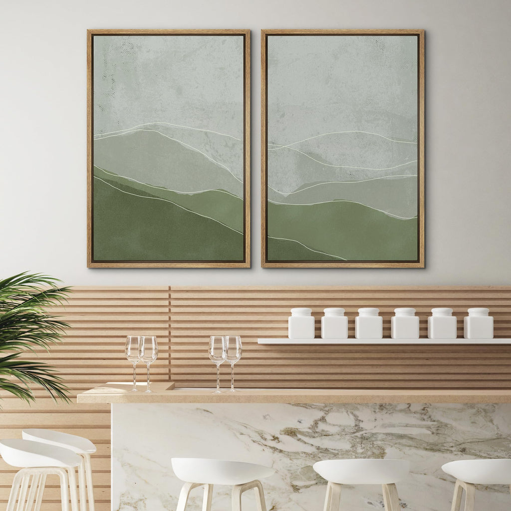 Framed Wall Art Print Set Faded Green & Gray Wave Landscape Abstract Shapes Illustrations Modern Art Bohemian