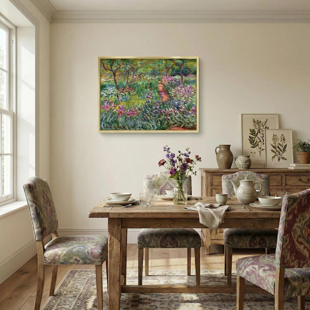Framed Claude Monet Purple Gold Green Wall Art - Monet Canvas Wall Art with Water Lilies & Garden at Giverny