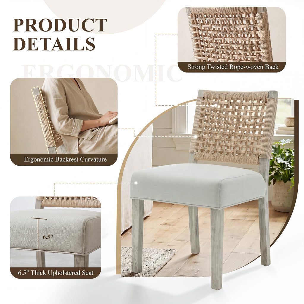 Upholstered Dining Chairs Set of 4, Boho Coastal Dining Room Chairs with Natural Woven Rope Back White Gray Washed