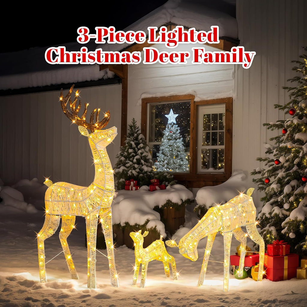 3-Piece Lighted Christmas Golden Reindeer Family Set, 5FT White Buck Doe Fawn Outdoor Decorations, Weatherproof Deer