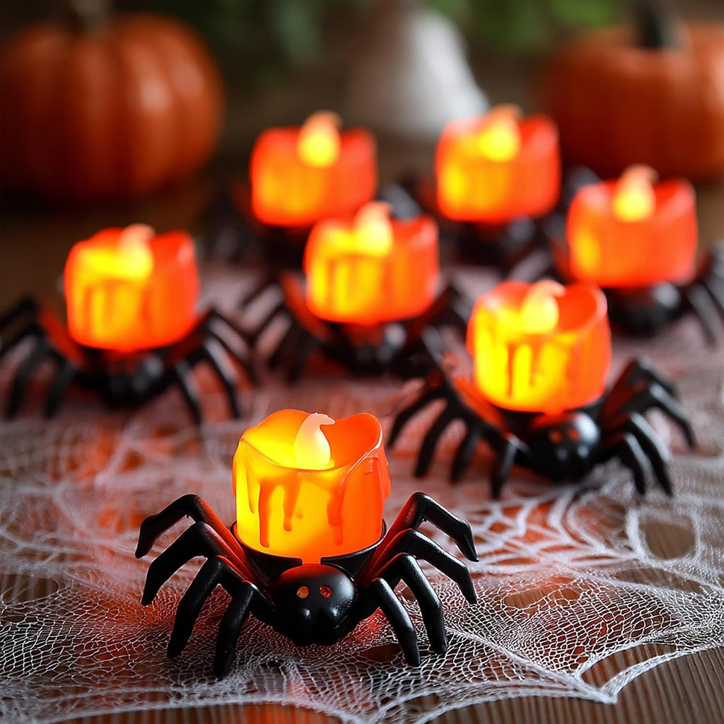 Halloween Spider Tea Lights Candles, Battery Operated LED Flameless Spider Candles Holder Lights, Spooky - Set of 12