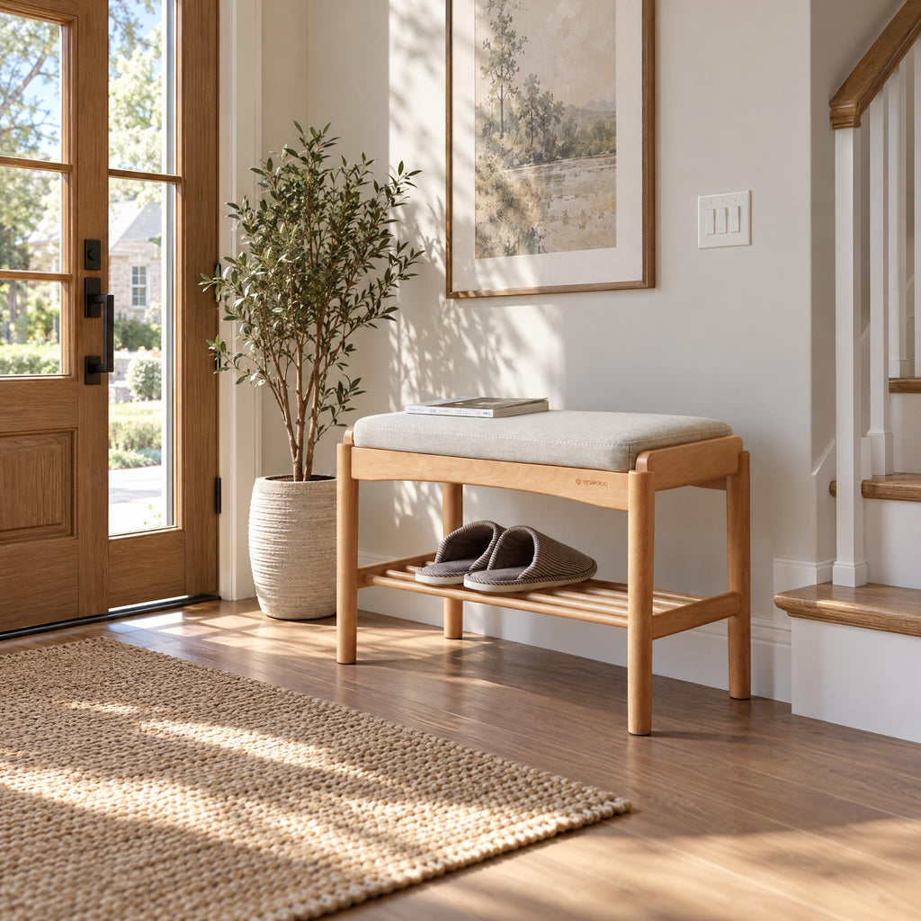 Oak Wood Shoe Bench, 24 Inch Entryway Bench with Light Gray Cushion