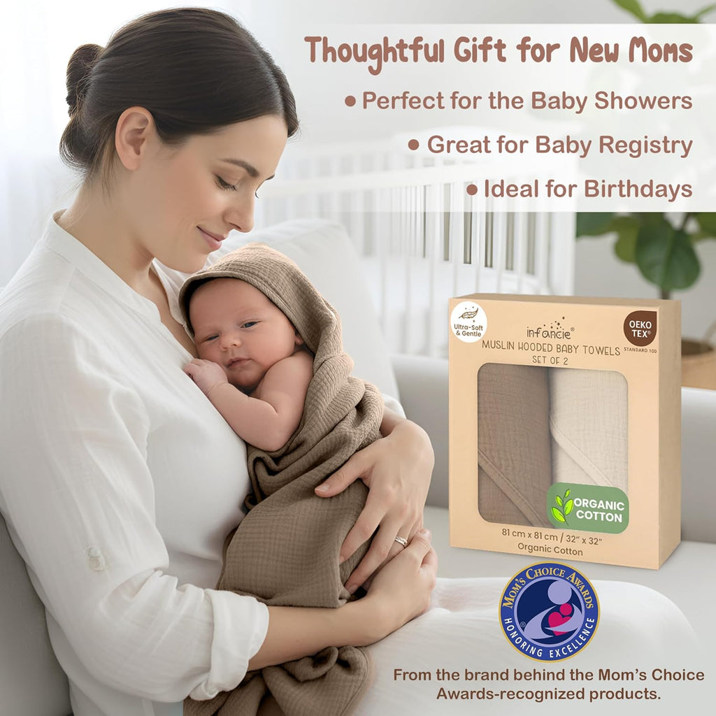 100% Organic Cotton 2 PK Muslin Baby Hooded Towel Toddler 32x32