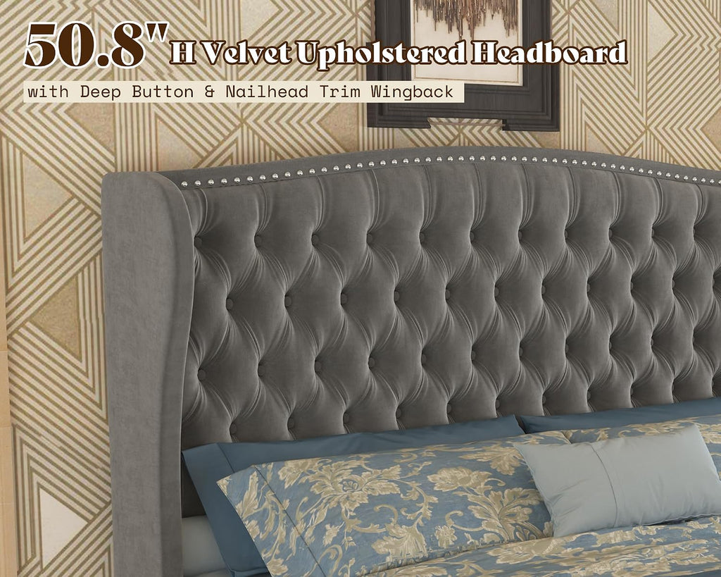 Queen Adjustable Bed Frame with 51" Velvet Upholstered Headboard