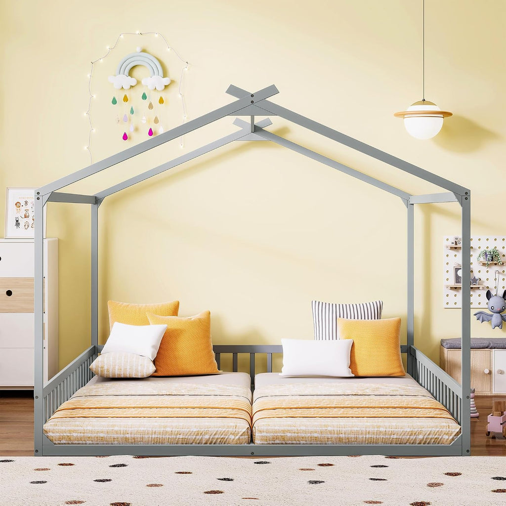Double Tw Floor Bed for 2 Kids with Guardrails, Grey