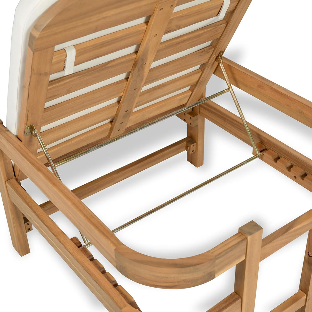 Acacia Wood Chaise Lounge with Adjustable Backrest, 77.5" Outdoor Sun Lounger with Cushion, Modern Patio