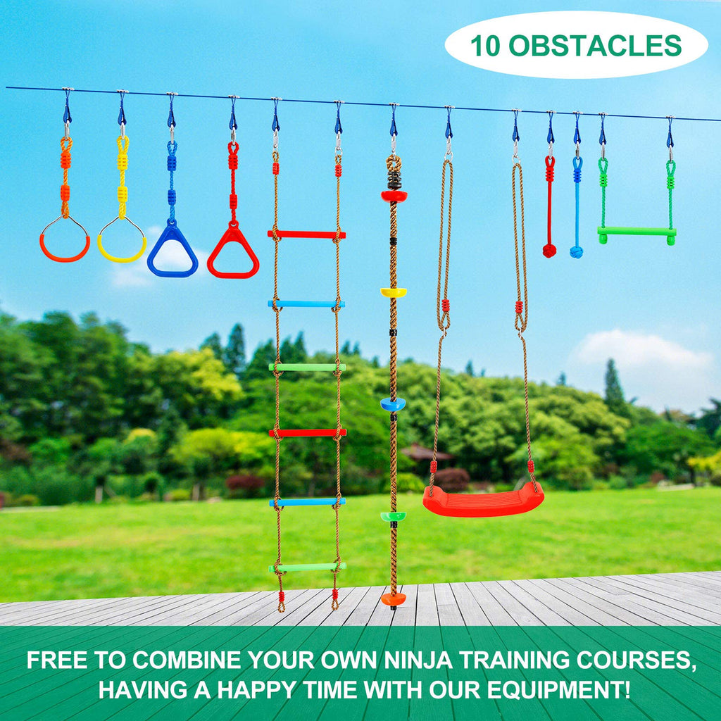 Ninja Warrior Obstacle Course Kit for Kids Ninja Slackline with 10 Accessories Monkey Bars, Ladder, Climbing Rope