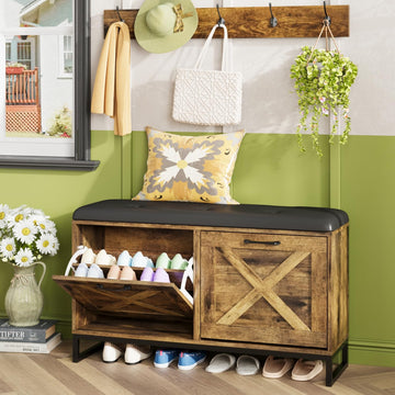 Shoe Cabinet with 2 Flip Drawers & Coat Rack, Shoe Storage Bench with Seat Cushion, 5 Large Sturdy Metal Hooks