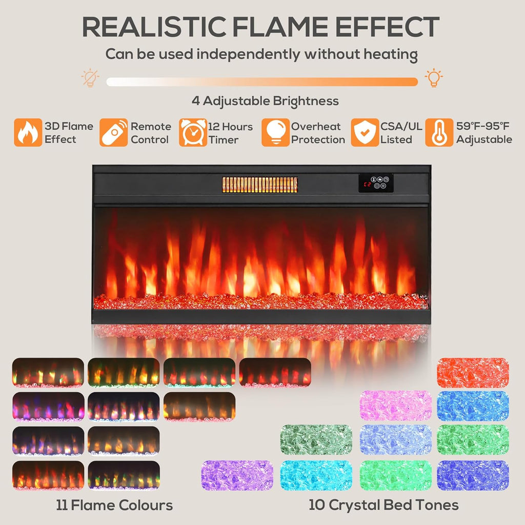 Fireplace TV Stand for TVs Up to 80 Inches, Modern Entertainment Center with 36" Glass Electric Fireplace & LED Lights