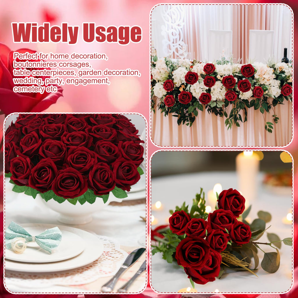 36 Pcs Velvet Texture Burgundy Artificial Flowers Bridal Bouquet