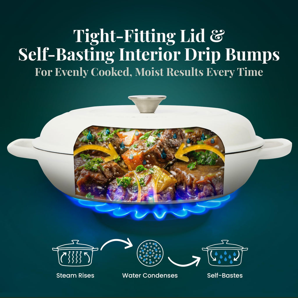 Enameled Cast Iron Braiser | 3.6 qt Braiser Pan with Lid | Shallow Dutch Oven Compatible on All Cooktops | Casserole