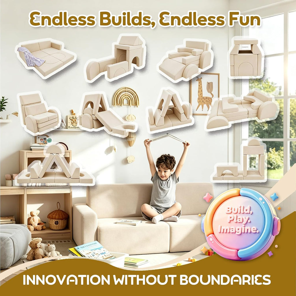 Pcs Modular Kids Play Couch, Kids Sofa for Playroom - Cream