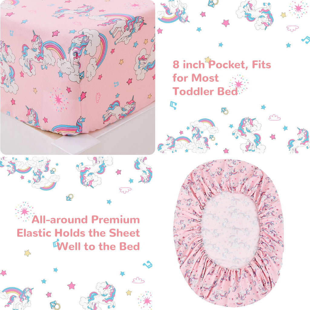 Pink Unicorn Toddler Bedding Set for Girls, 4 Piece Bed-in-a-Bag Toddler Comforter Sets, Super Soft and Comfortable