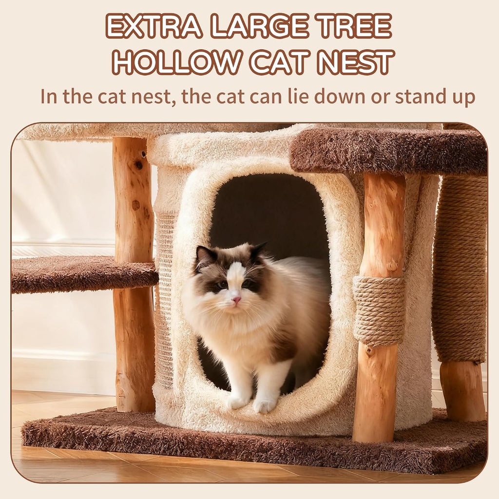 Cat Tree Tower for Large Cats, 69" Tall Heavy Duty Modern Cat Tower with Natural Wood Trunks, Multi-Level Cat Condo &