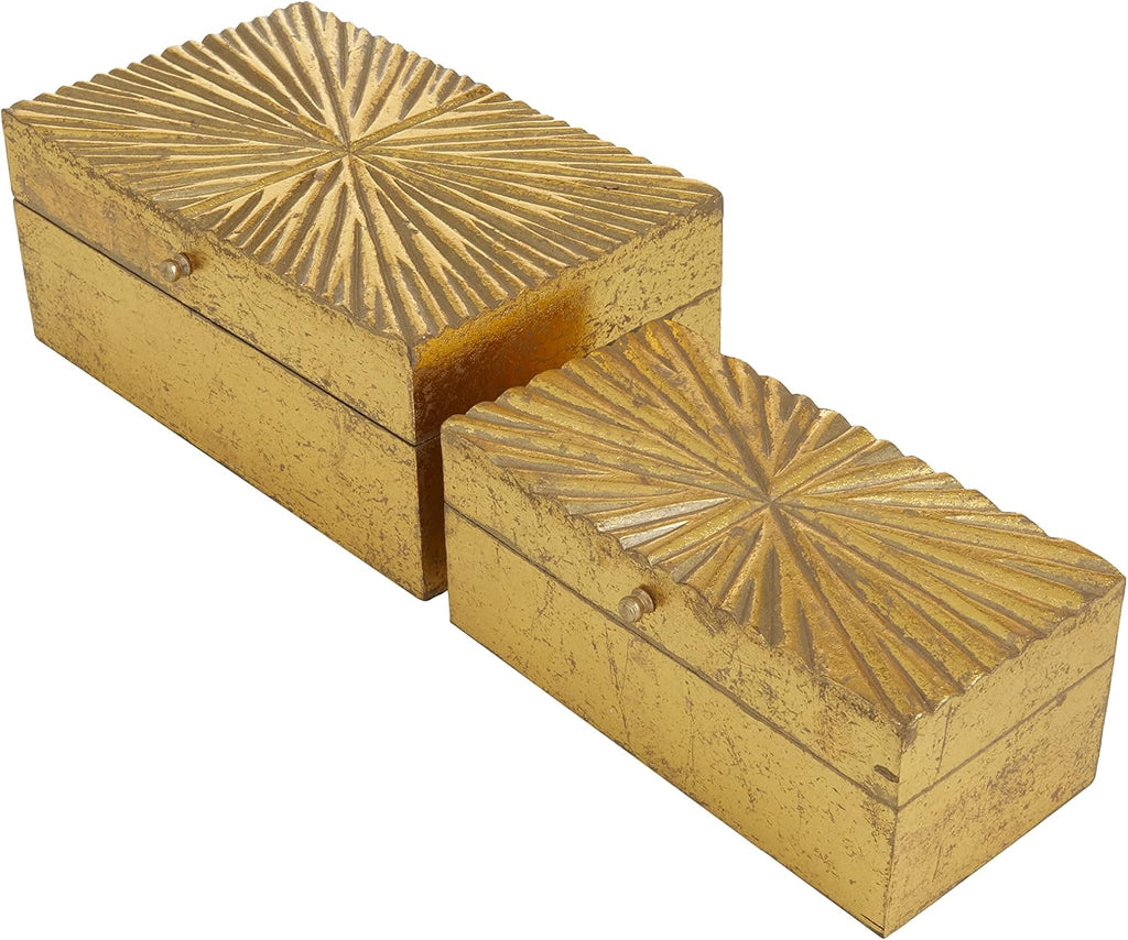 Wood Geometric Decorative Box Decorative Keepsake Boxes with Hinged Lid Storage Boxes 10", 8"W, Gold - Set of 2